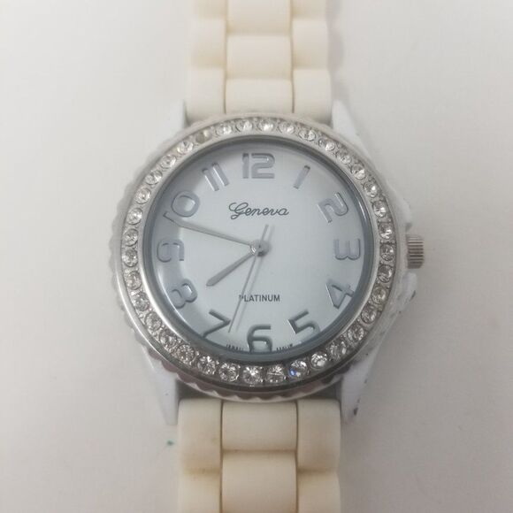 Geneva Platinum 6886 Watch Rhinestone Bezel Cream Silicone Band Stainless Steel - Picture 2 of 12